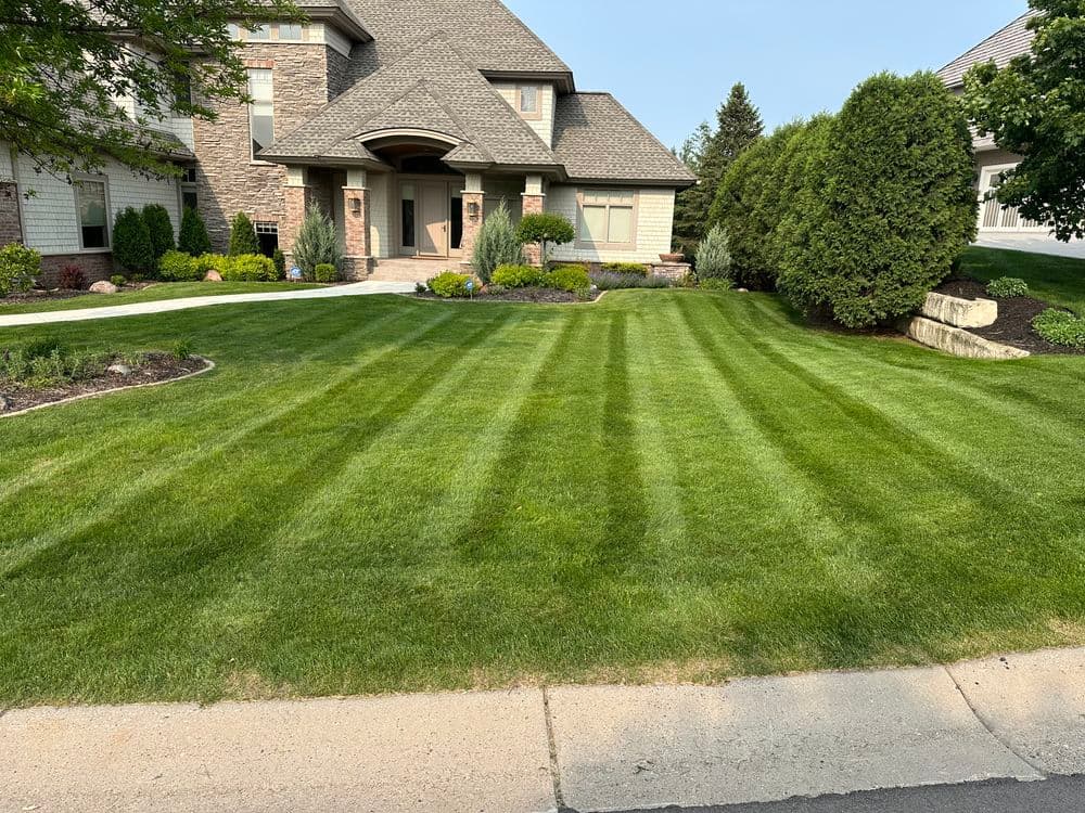 Beautifully manicured lawn with stripes, enhancing a modern suburban home’s curb appeal.