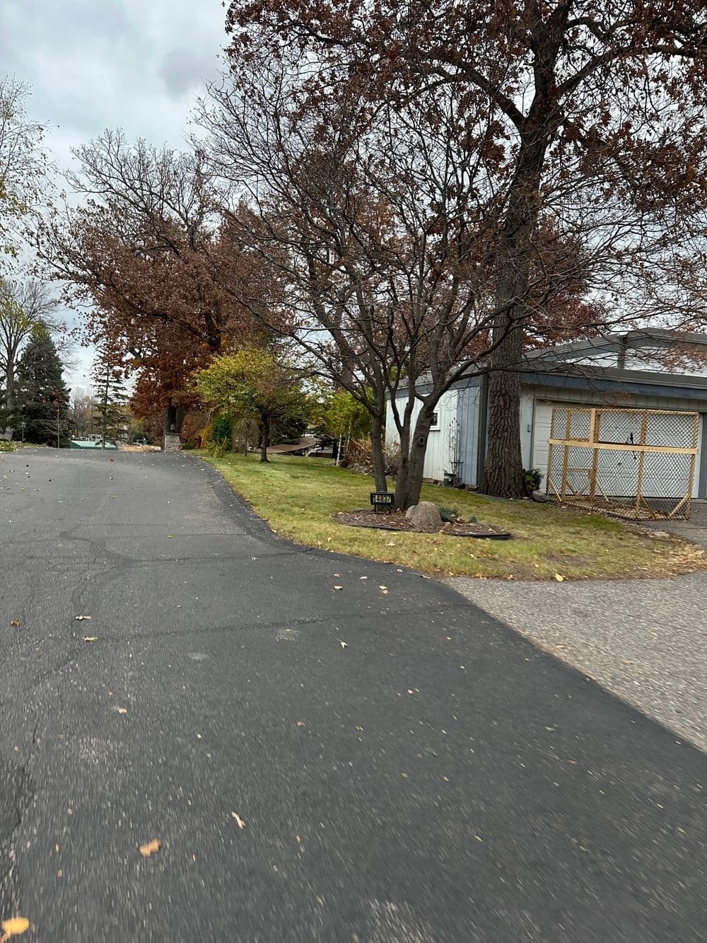 Neighborhood street scene with trees, fall foliage, and a house at the corner.