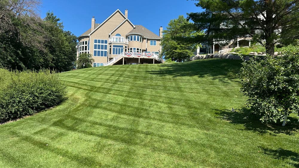 Beautifully manicured lawn leading to a spacious modern house with decorative bunting.