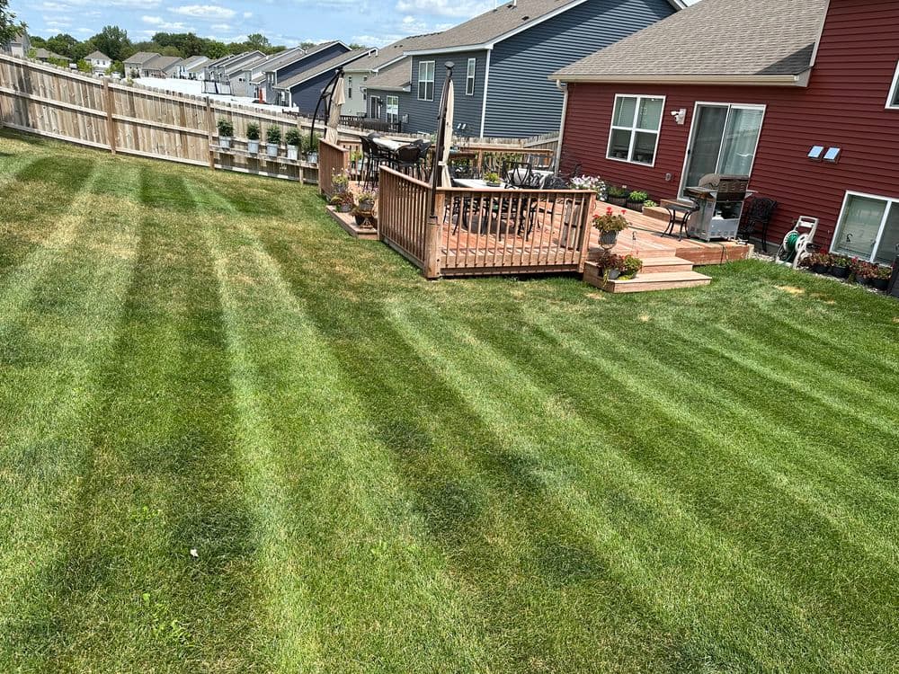 Lush green lawn with striped patterns, wooden deck, and colorful flower beds in the backyard.
