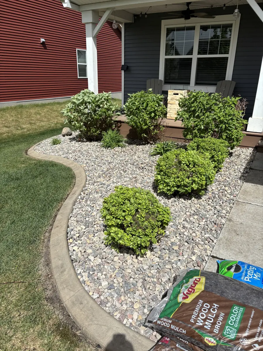 A refreshed rock bed with trimmed shrubs and a clean curbed edge, taken mid-job