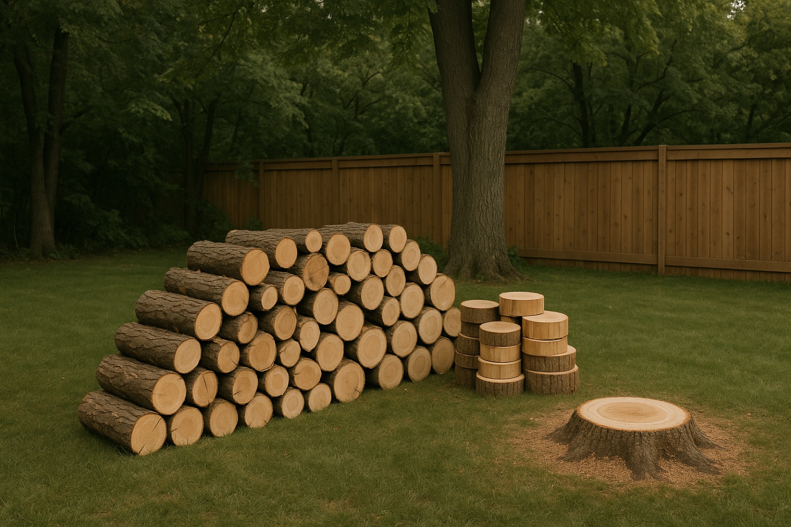 Cut hardwood logs stacked and the yard cleared after a tree removal