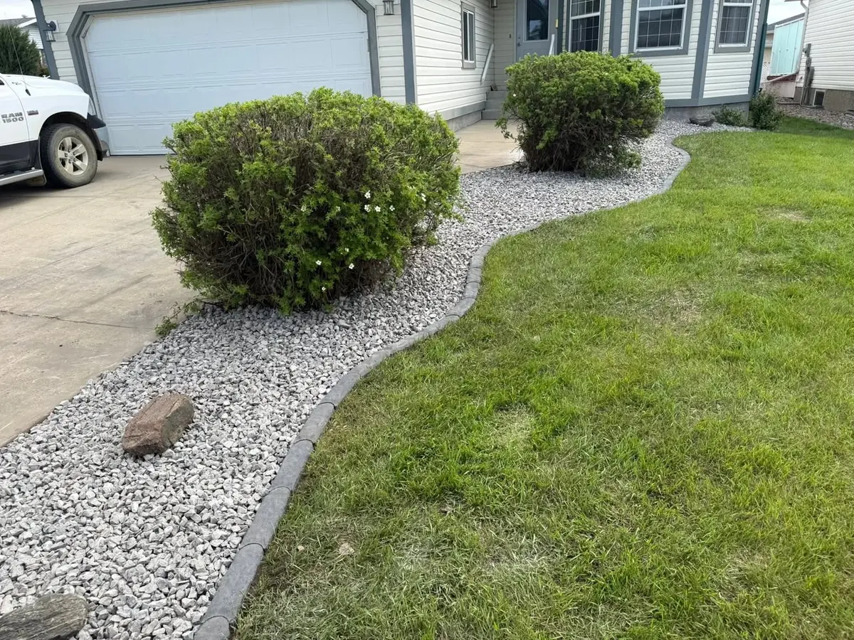 A curved concrete paver edge separating a bed of light grey crushed rock from a mown green lawn, with two mounded shrubs set against the house beside the driveway